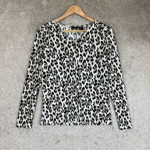 Tahari Shirt Womens Small Black Brown Animal Print Stretch Pullover- 2915*